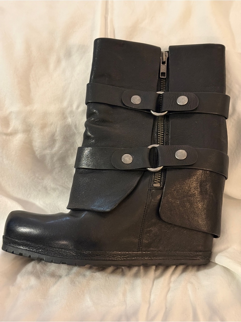 Vera Wang Lavender Label Black Lace-Up Mid-Calf Buckle Boots